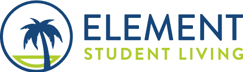 A logo with a palm tree and the words "ELEMENT STUDENT LIVING".